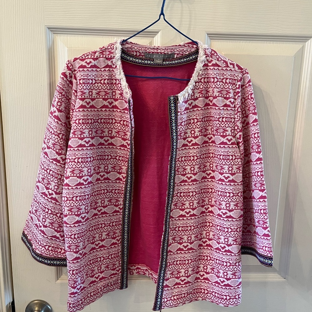 Valerie Stevens Pink and White Aztec Patterned Open Jacket Cardigan, Size Small